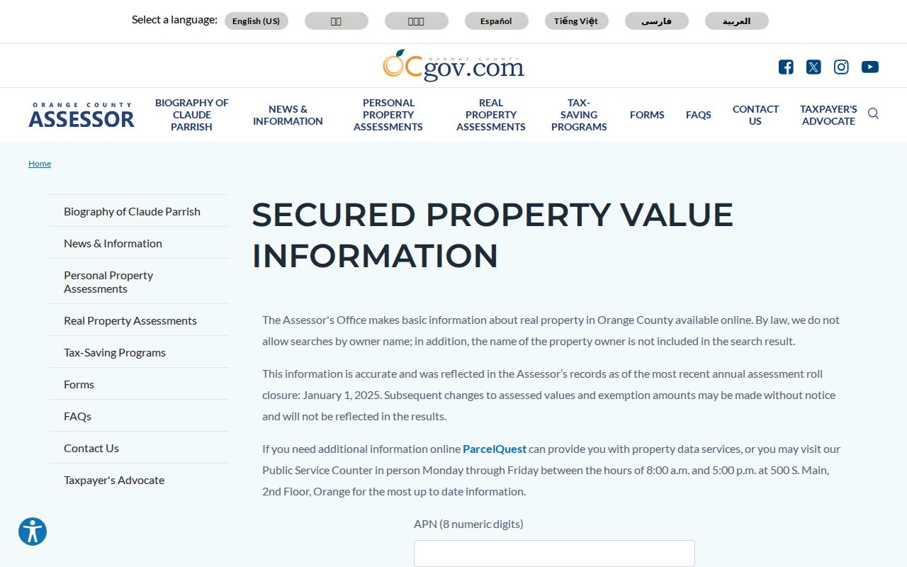Anaheim people search Orange County Assessor property lookup