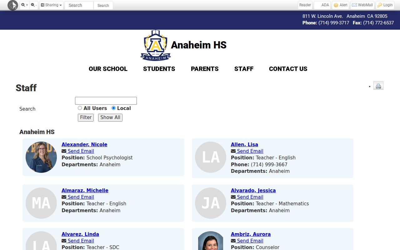 Anaheim people directories Anaheim High staff entries