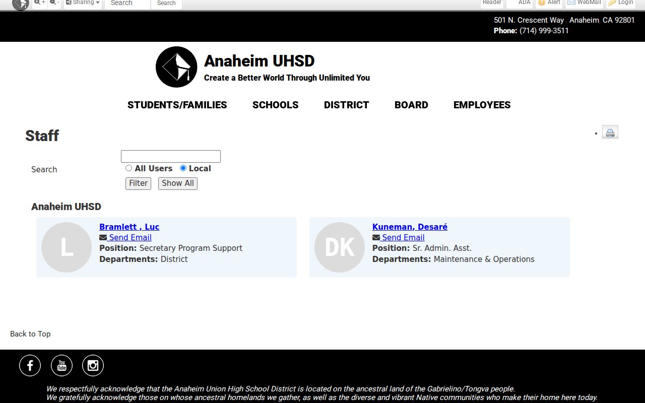 Anaheim people directories AUHSD staff directory search