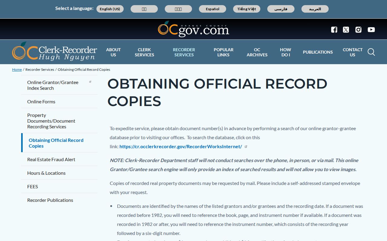 Anaheim public records official copy instructions from Orange County Clerk-Recorder