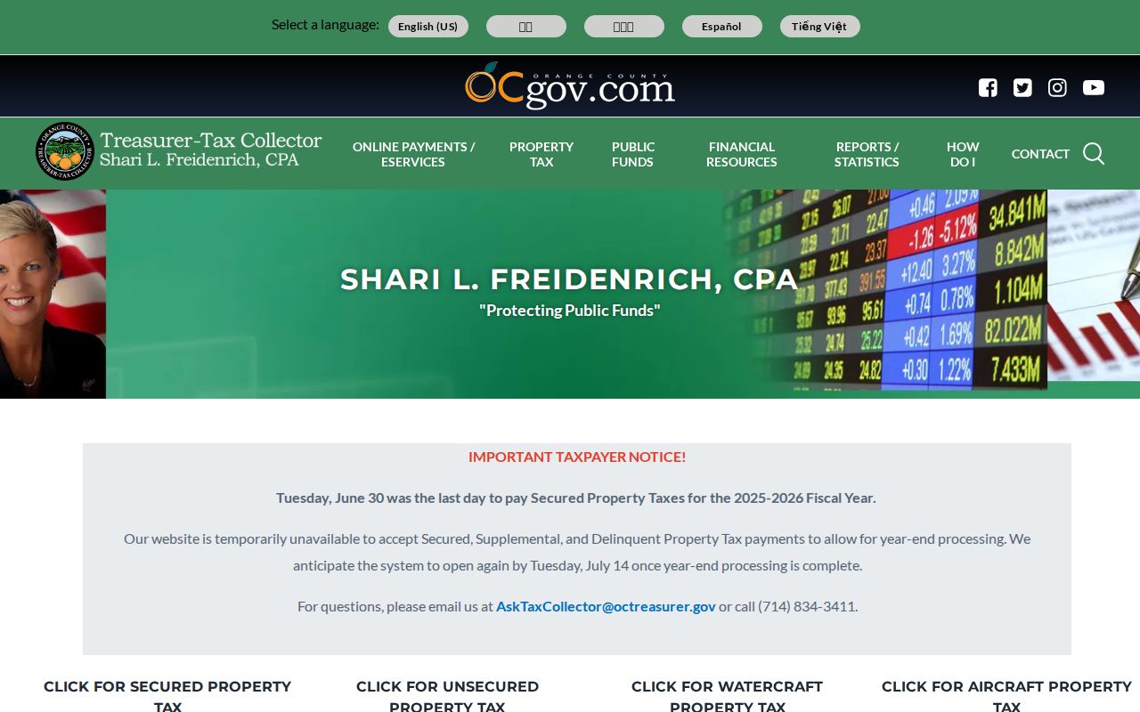 Anaheim public records property tax bill lookup by Orange County Treasurer-Tax Collector